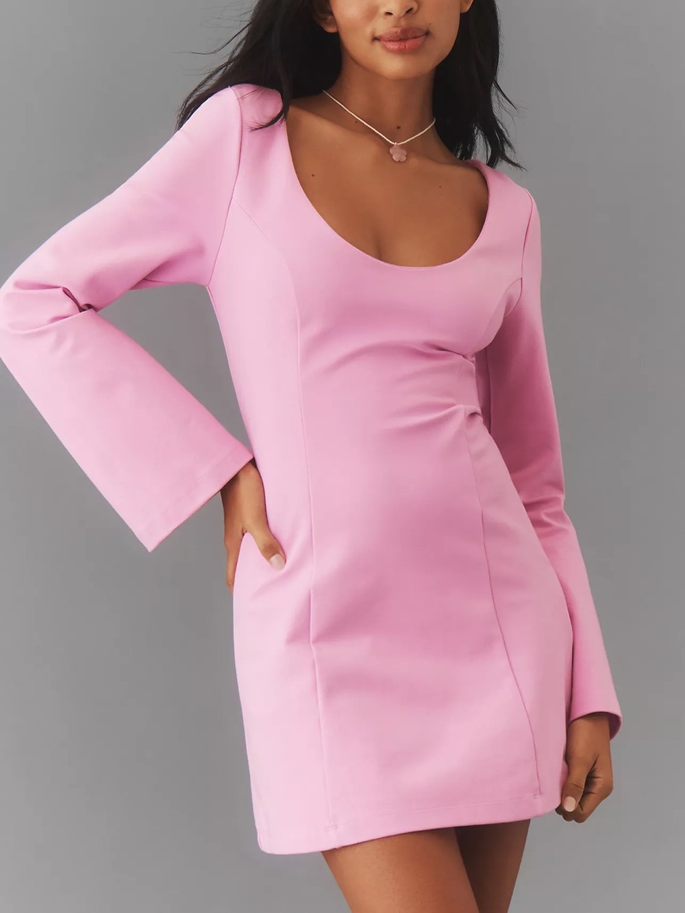 Anthropologie Pink Scoop-Neck Long-Sleeve Mini Dress